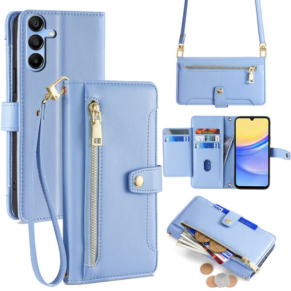 Handykette Samsung Hülle mit Band Handyhülle Kartenfächer PU Leder Umhängetasche Galaxy A15 Hellblau