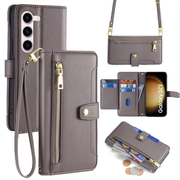 Handykette Samsung Hülle mit Band Handyhülle Kartenfächer PU Leder Umhängetasche Galaxy S23 Grau