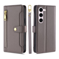 Handykette Samsung Hülle mit Band Handyhülle Kartenfächer PU Leder Umhängetasche Galaxy S23 Grau