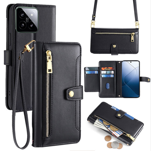 Handykette Xiaomi Hülle mit Band Handyhülle Kartenfächer PU Leder Umhängetasche 14 Schwarz