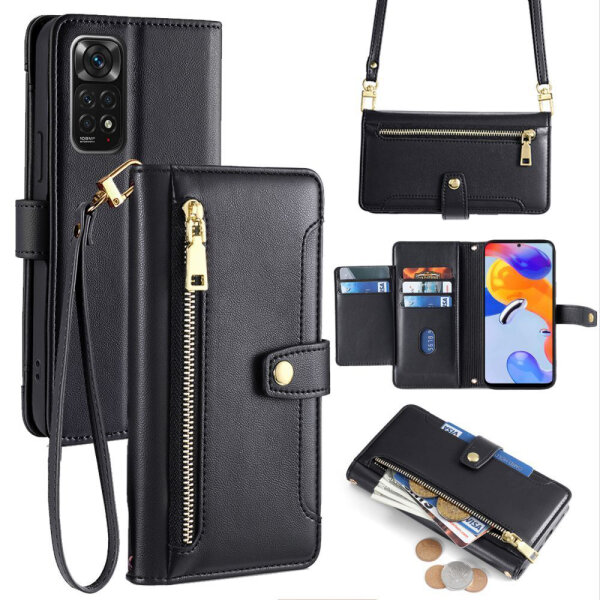 Handykette Xiaomi Hülle mit Band Handyhülle Kartenfächer PU Leder Umhängetasche Redmi Note 11 / 11S 4G Schwarz