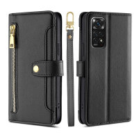 Handykette Xiaomi Hülle mit Band Handyhülle Kartenfächer PU Leder Umhängetasche Redmi Note 11 / 11S 4G Schwarz