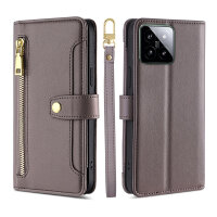 Handykette Xiaomi Hülle mit Band Handyhülle Kartenfächer PU Leder Umhängetasche 14 Grau