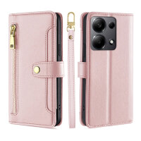 Handykette Xiaomi Hülle mit Band Handyhülle Kartenfächer PU Leder Umhängetasche Redmi Note 13 Pro 4G Rosa