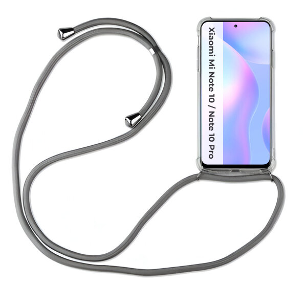 Xiaomi Hülle mit Band Schutzhülle Handykette Silikon Handy Tasche mit Schnur Neu Xiaomi Mi Note 10 / Note 10 Pro Grau