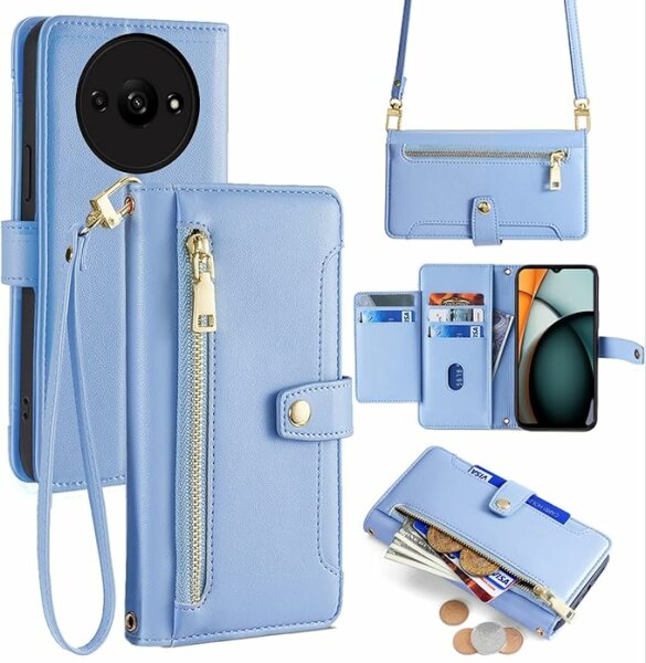 Handykette Xiaomi Hülle mit Band Handyhülle Kartenfächer PU Leder Umhängetasche Redmi A3 Hellblau