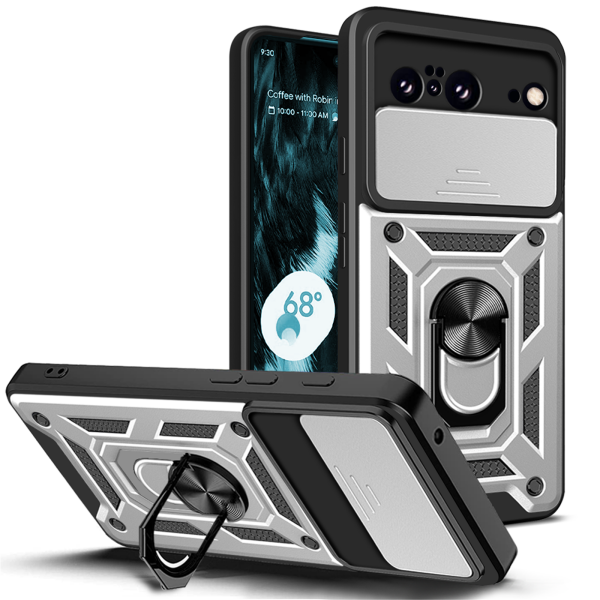 Outdoor Panzer Hülle Google Pixel 8 Handyhülle mit Kameraschutz Ringhalter Cover Silber