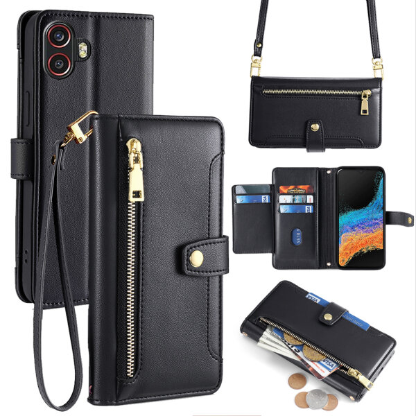 Handykette Samsung Hülle mit Band Handyhülle Kartenfächer PU Leder Umhängetasche Galaxy Xcover 6 Pro Schwarz