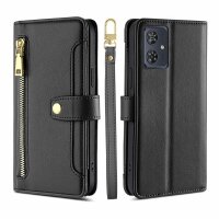 Handykette Motorola Hülle mit Band Handyhülle Kartenfächer Leder Umhängetasche Moto G14 Schwarz