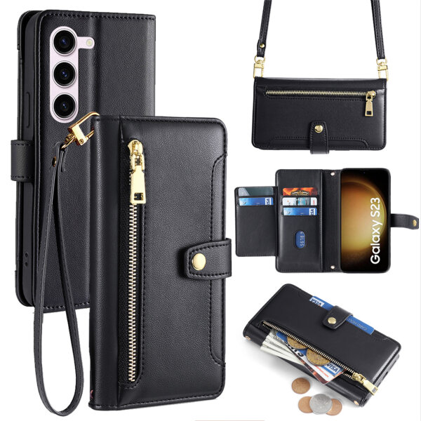 Handykette Samsung Hülle mit Band Handyhülle Kartenfächer PU Leder Umhängetasche Galaxy S23 Schwarz