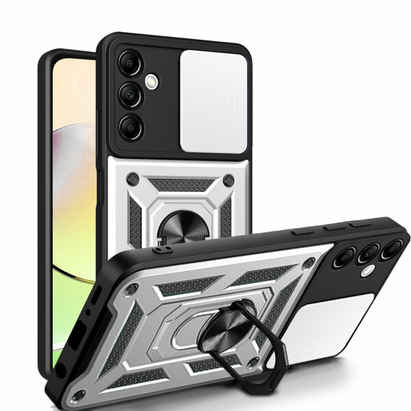 Outdoor Panzer Hülle für Samsung Galaxy A14 mit Kameraschutz Ringhalter Bumper  Silber