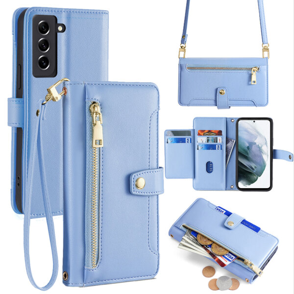Handykette Samsung Hülle mit Band Handyhülle Kartenfächer PU Leder Umhängetasche Galaxy S21 Hellblau