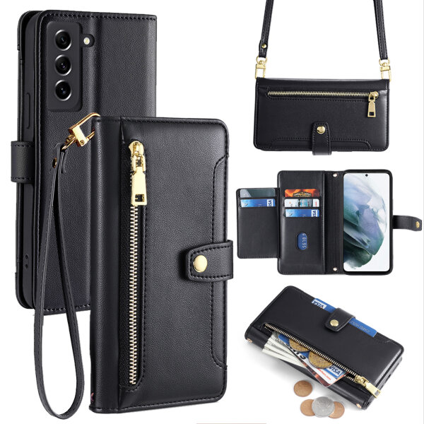 Handykette Samsung Hülle mit Band Handyhülle Kartenfächer PU Leder Umhängetasche Galaxy S21+ Schwarz