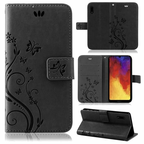 Huawei Handy Tasche Handyhülle Schutz Hülle Blumen Flip Cover Buch Case Etui Huawei Y6 2019 Schwarz