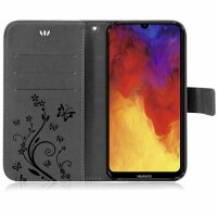 Huawei Handy Tasche Handyhülle Schutz Hülle Blumen Flip Cover Buch Case Etui Huawei Y6 2019 Schwarz
