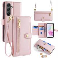 Handykette Samsung Hülle mit Band Handyhülle Kartenfächer PU Leder Umhängetasche Galaxy A35 Rosa