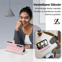 Handykette Samsung Hülle mit Band Handyhülle Kartenfächer PU Leder Umhängetasche Galaxy A35 Rosa