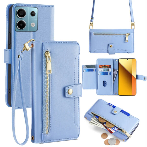 Handykette Xiaomi Hülle mit Band Handyhülle Kartenfächer PU Leder Umhängetasche Redmi Note 13 4G Hellblau
