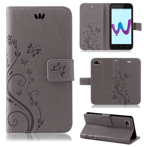 Wiko Handy Tasche Handyhülle Schutz Hülle Blumen Flip Cover Buch Case Etui Wiko Sunny 3 Grau