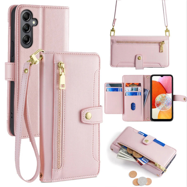 Handykette Samsung Hülle mit Band Handyhülle Kartenfächer PU Leder Umhängetasche Galaxy A14 Rosa
