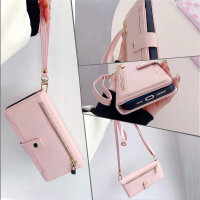 Handykette Samsung Hülle mit Band Handyhülle Kartenfächer PU Leder Umhängetasche Galaxy A14 Rosa