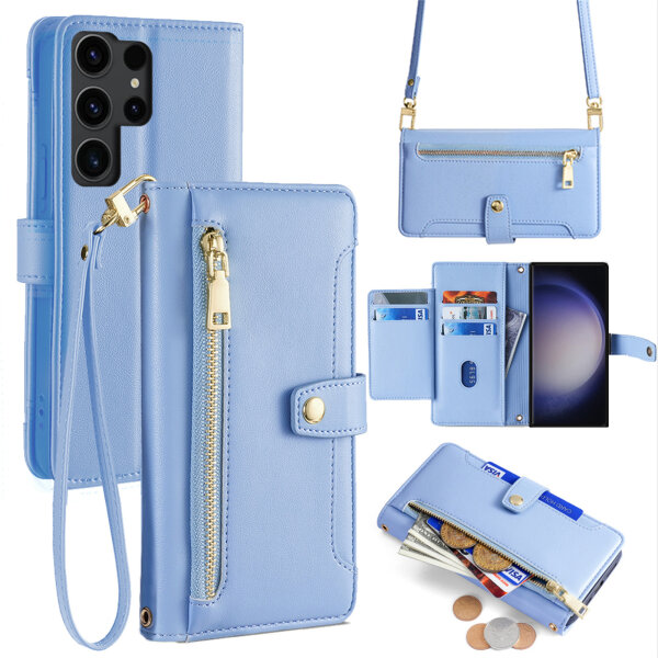 Handykette Samsung Hülle mit Band Handyhülle Kartenfächer PU Leder Umhängetasche Galaxy S23 Ultra Hellblau