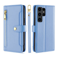 Handykette Samsung Hülle mit Band Handyhülle Kartenfächer PU Leder Umhängetasche Galaxy S23 Ultra Hellblau