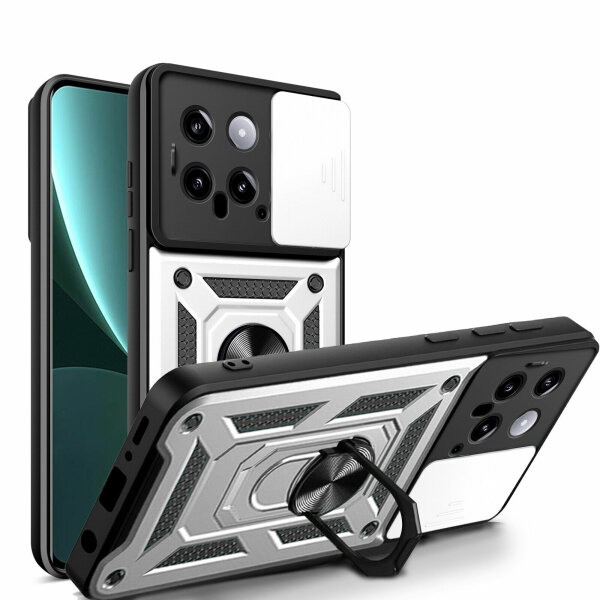 Outdoor Panzer Hülle Xiaomi 14 Handyhülle mit Kameraschutz Ringhalter Backcover Silber