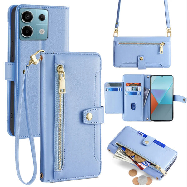 Handykette Xiaomi Hülle mit Band Handyhülle Kartenfächer PU Leder Umhängetasche Redmi Note 13 Pro 5G Hellblau