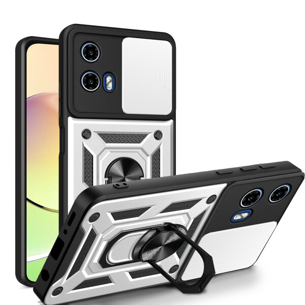 Outdoor Panzer Hülle Motorola Moto G04 G24 E14 Handyhülle mit Kameraschutz Ringhalter Silber