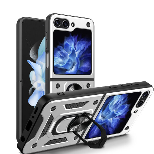 Outdoor Panzer Hülle für Samsung Galaxy Z Flip 6 mit Kameraschutz Ringhalter in Silber