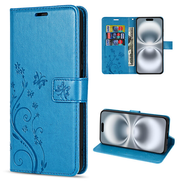 Handyhülle für Apple iPhone 16 – Klapphülle Blume Blau