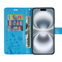 Handyhülle für Apple iPhone 16 – Klapphülle Blume Blau
