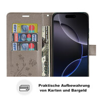 Handyhülle für Apple iPhone 16 Pro – Klapphülle Blume Grau