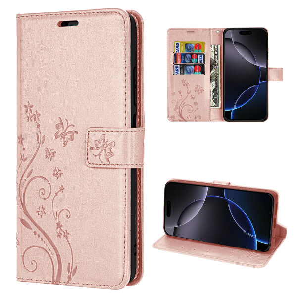 Handyhülle für Apple iPhone 16 Pro – Klapphülle Blume Roségold