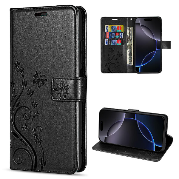 Handyhülle für Apple iPhone 16 Pro – Klapphülle Blume Schwarz
