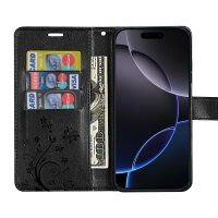 Handyhülle für Apple iPhone 16 Pro – Klapphülle Blume Schwarz