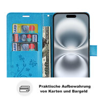 Handyhülle für Apple iPhone 16 Plus – Klapphülle Blume Blau