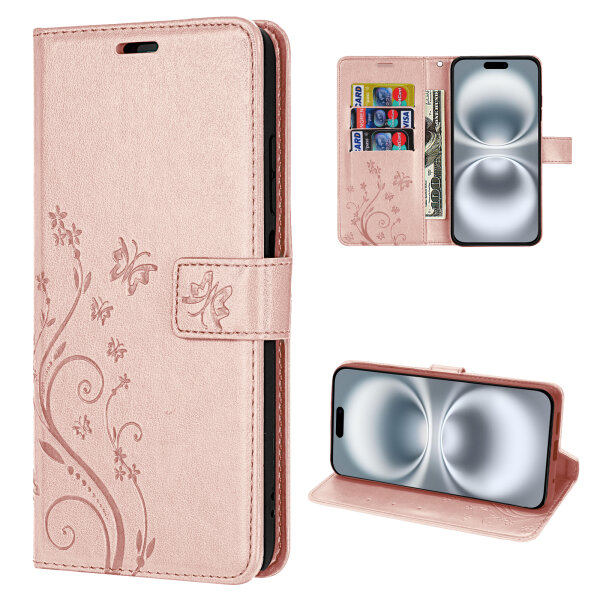 Handyhülle für Apple iPhone 16 Plus – Klapphülle Blume Roségold