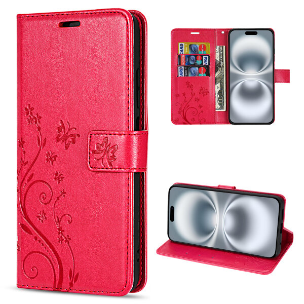 Handyhülle für Apple iPhone 16 Plus – Klapphülle Blume Rot