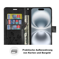 Handyhülle für Apple iPhone 16 Plus – Klapphülle Blume Schwarz