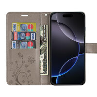Handyhülle für Apple iPhone 16 Pro Max – Klapphülle Blume Grau