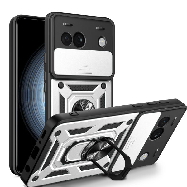 Outdoor Panzer Hülle Google Pixel 8A Handyhülle mit Kameraschutz Ringhalter Cover Silber