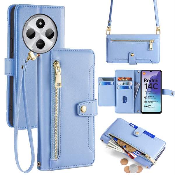 Handykette Xiaomi Redmi 14C Hülle mit Band Handyhülle Kartenfächer PU Leder Umhängetasche Blau