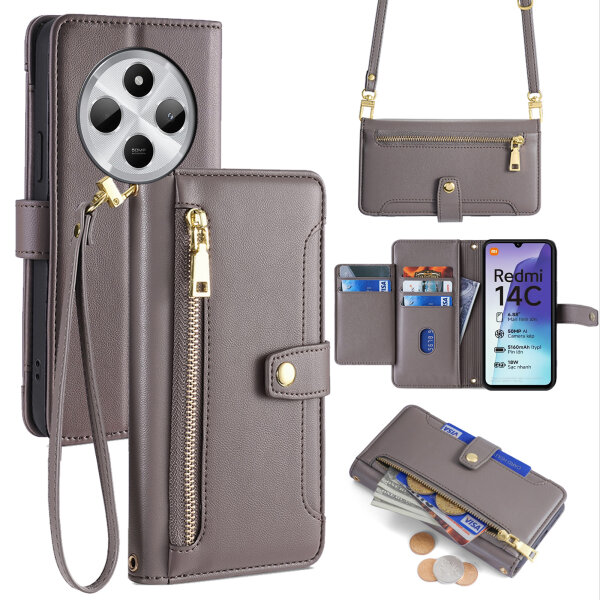 Handykette Xiaomi Redmi 14C Hülle mit Band Handyhülle Kartenfächer PU Leder Umhängetasche Grau