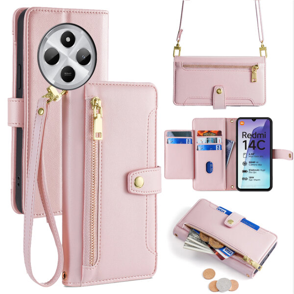 Handykette Xiaomi Redmi 14C Hülle mit Band Handyhülle Kartenfächer PU Leder Umhängetasche Rosa