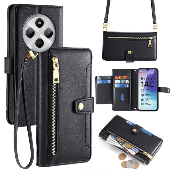 Handykette Xiaomi Redmi 14C Hülle mit Band Handyhülle Kartenfächer PU Leder Umhängetasche Schwarz