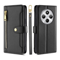 Handykette Xiaomi Redmi 14C Hülle mit Band Handyhülle Kartenfächer PU Leder Umhängetasche Schwarz