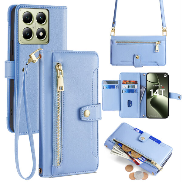 Handykette Xiaomi 14T Hülle mit Band Handyhülle Kartenfächer PU Leder Umhängetasche Hellblau