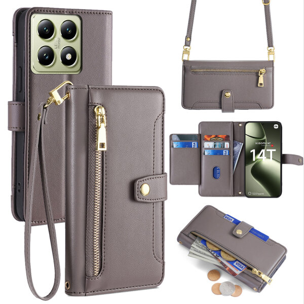 Handykette Xiaomi 14T Hülle mit Band Handyhülle Kartenfächer PU Leder Umhängetasche Grau